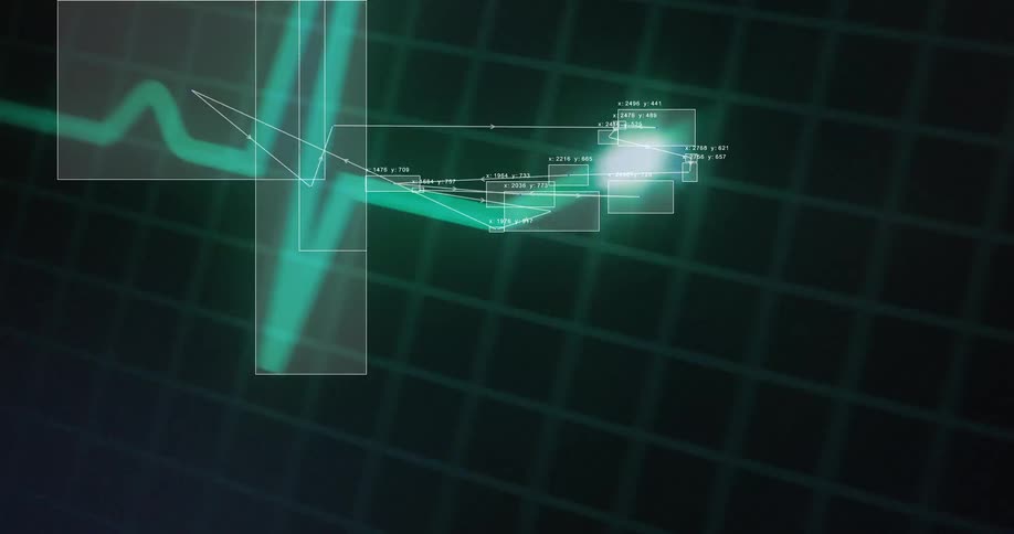 Close up of a green heartbeat pulse on a futuristic EKG monitor with digital analysis and tracking overlays