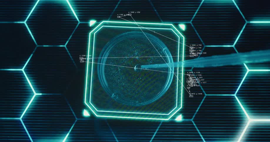 Digital interface analyzes a biological experiment as a pipette interacts with a sample in a petri dish
