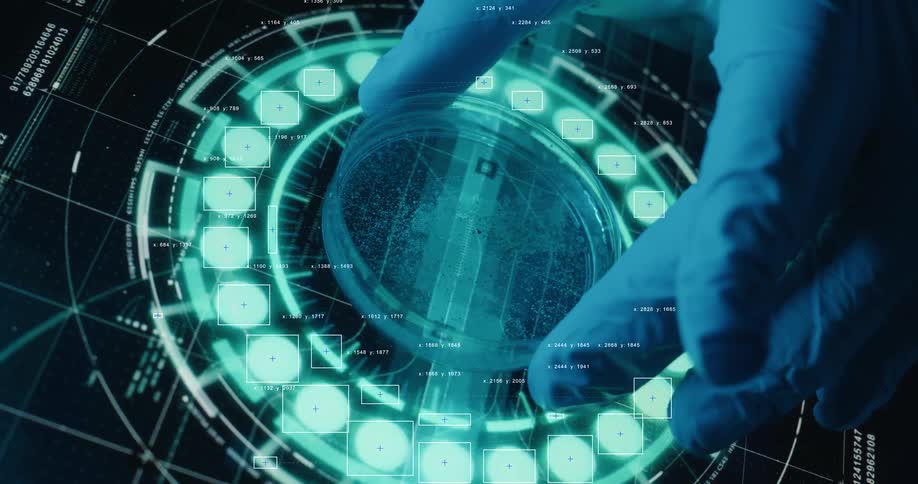A scientist's gloved hands hold a petri dish for analysis by a futuristic, holographic user interface with glowing data points