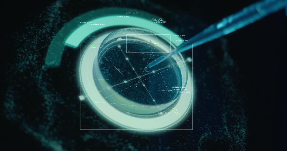 A futuristic digital interface tracks a scientific experiment as a pipette interacts with a cell culture in a petri dish