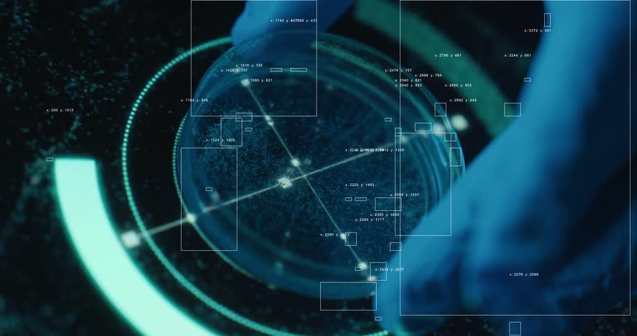 A futuristic digital interface scans and analyzes a biological sample in a petri dish held by a scientist in a dark lab