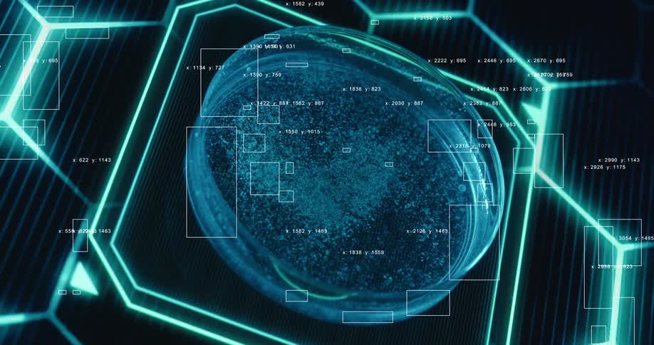 A futuristic graphical user interface scans and analyzes a biological sample in a petri dish with data points and glowing shapes
