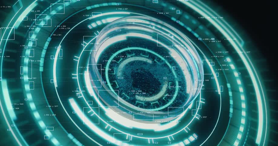 A petri dish specimen undergoes advanced digital analysis with a futuristic, high-tech user interface