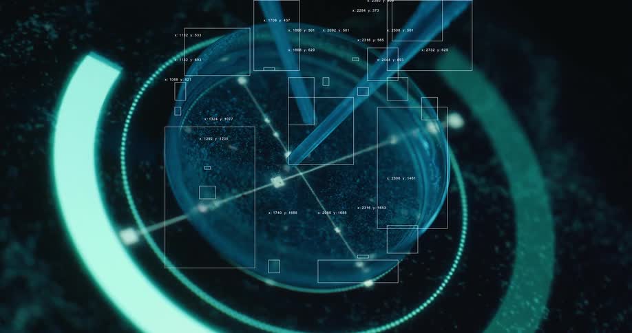 A futuristic motion graphic shows a scientific experiment in a petri dish overlaid with data analysis and digital interface elements