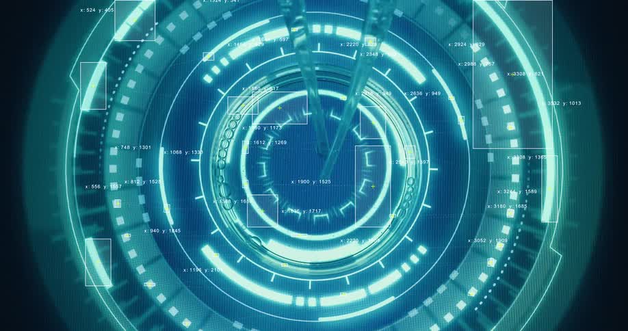 A close-up of a petri dish with pipettes being analyzed by a high-tech, futuristic heads-up display