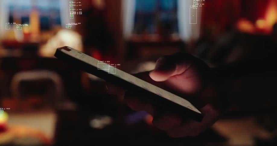 Close-up shot of a hand using a smartphone with a conceptual overlay of artificial intelligence analyzing user input
