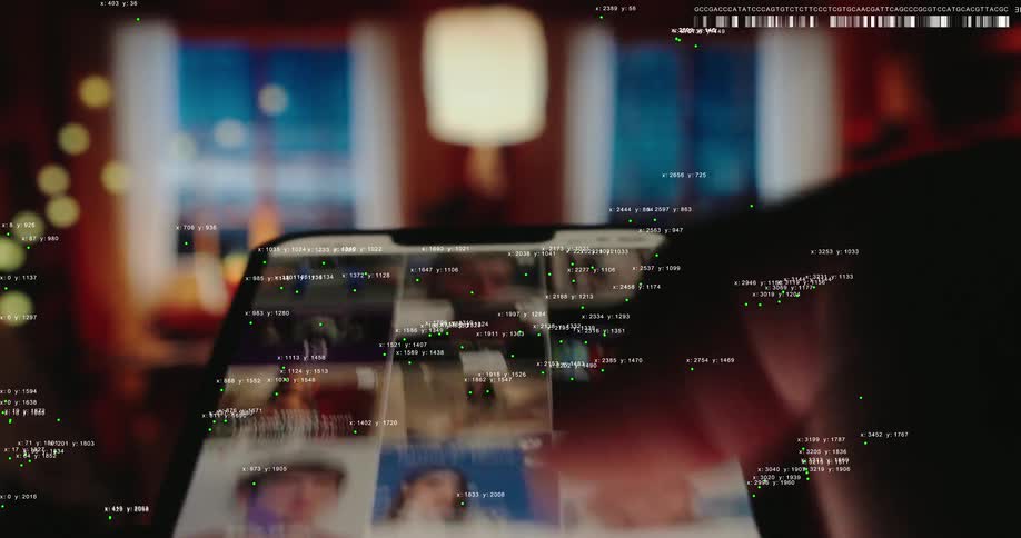 Rapidly scrolling through a social media feed on a smartphone with an overlay of floating data points and code