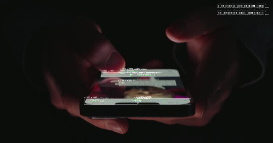 Conceptual video of a person scrolling through a social media feed on a smartphone with a futuristic data analysis overlay
