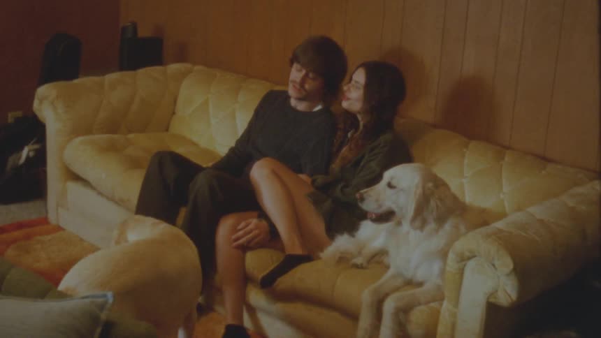 A loving couple sits together on a vintage couch, petting and laughing with their two adorable dogs in a cozy living room