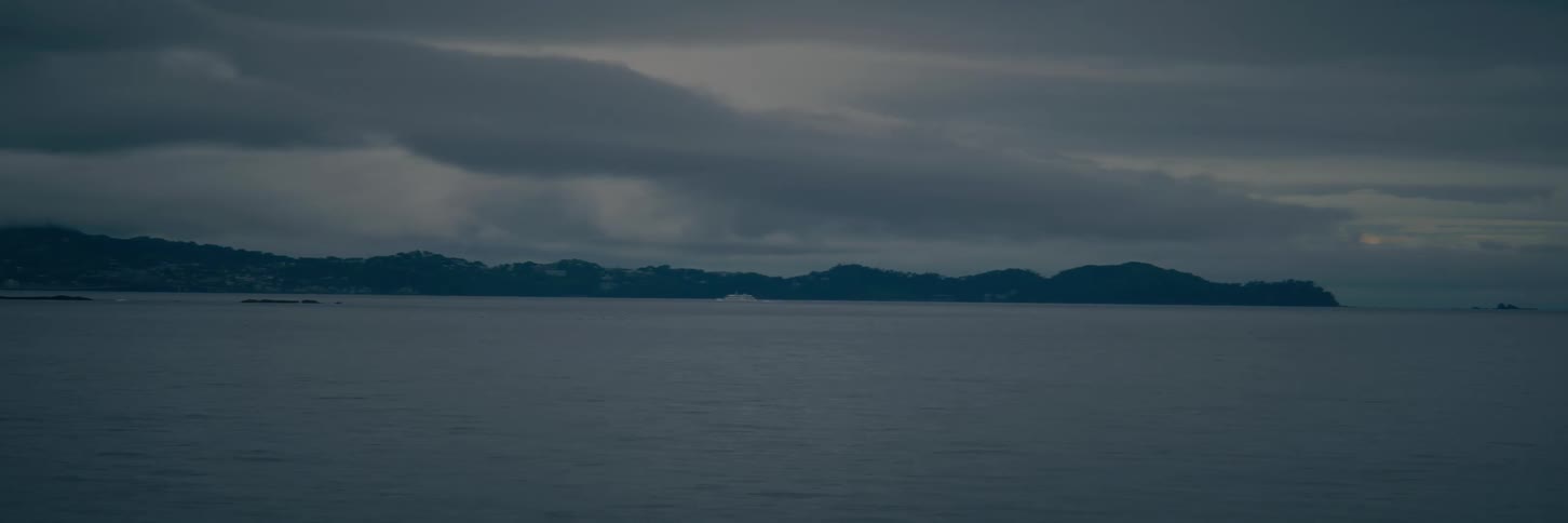 A white ferry boat sails across the water towards a distant hilly shoreline under a gray, overcast sky