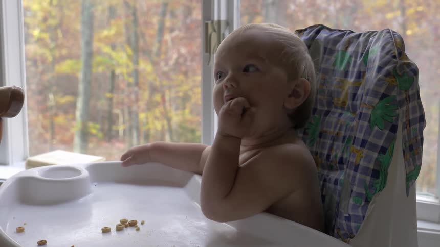 Baby eats cereal off a high chair tray