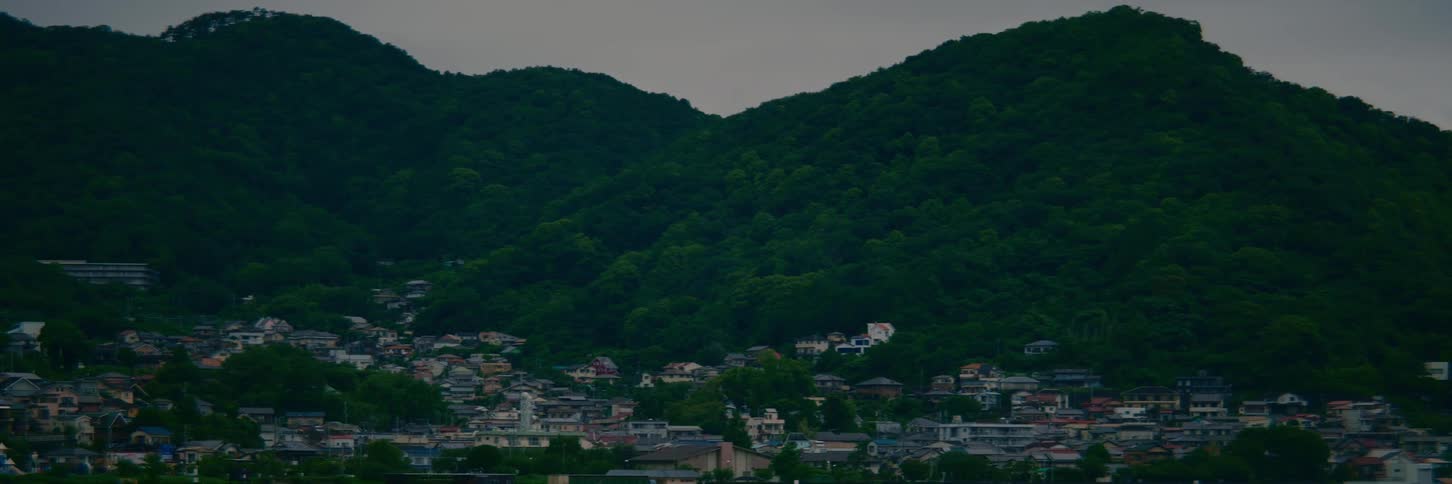 A serene Japanese town nestled against a densely forested mountain under an overcast sky