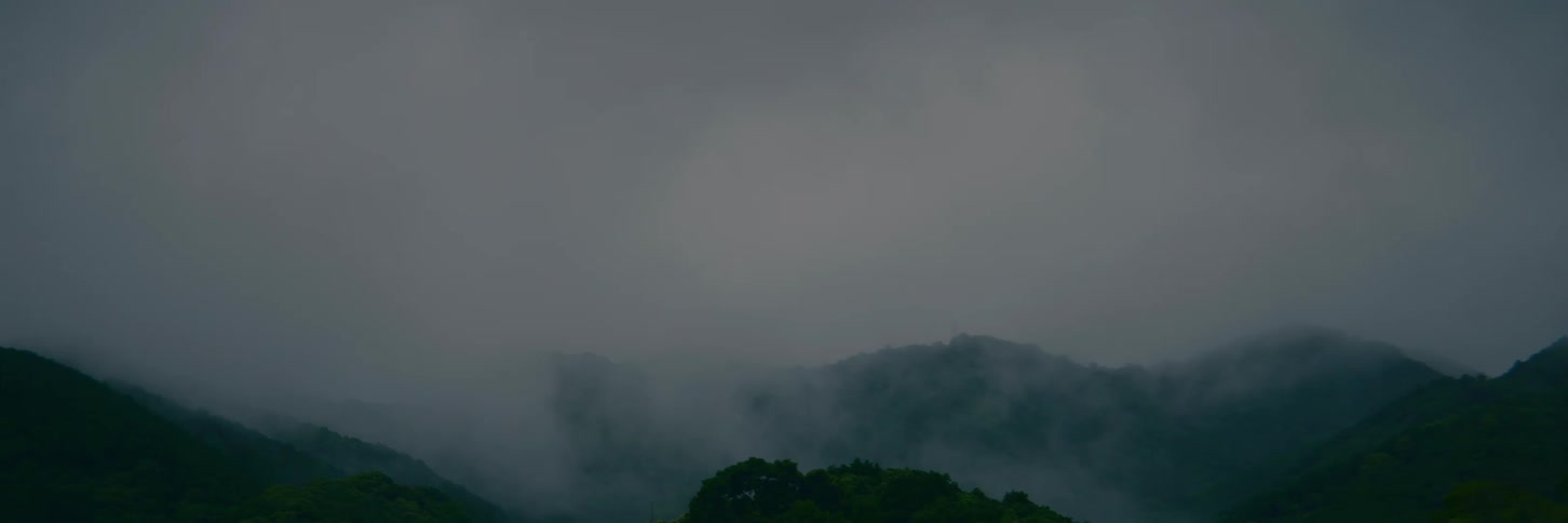 Dense fog and low clouds roll over a lush green mountain range on an overcast day