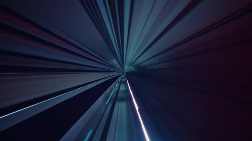 A mesmerizing hyper-lapse journey from the point of view of a train speeding through a futuristic subway tunnel with colorful lights blurring into abstract streaks