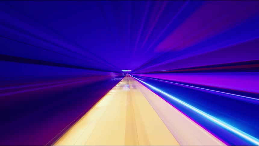 A vibrant and abstract POV time-lapse of a high-speed train journey through a futuristic, colorful tunnel