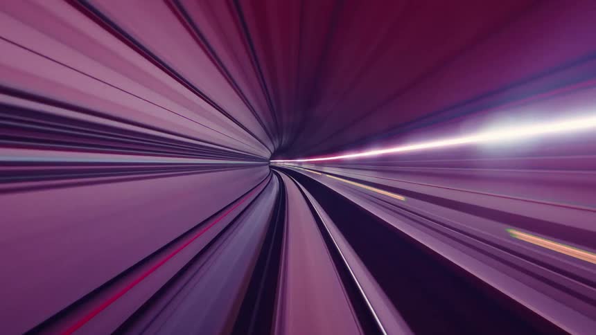 A futuristic POV time-lapse of a high-speed train journey through a brightly lit tunnel, creating abstract streaks of purple and pink light