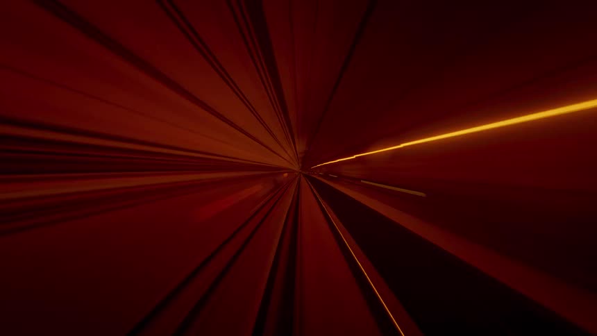 Abstract point-of-view time-lapse of a high-speed journey through a futuristic tunnel with red and orange light trails