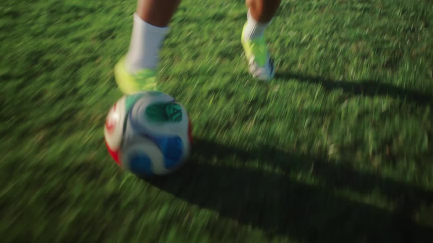 A young athletic man in slow motion dribbles a soccer ball down a green field during golden hour
