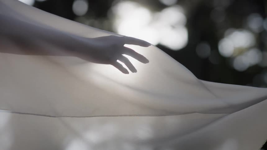 A delicate hand is silhouetted behind a sheer white fabric as it gently waves in the sunlit outdoors