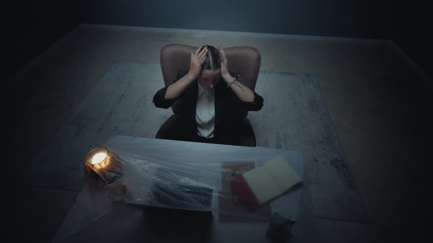A stressed businesswoman holds her head in her hands while sitting at a plastic-wrapped desk in a dark, ominous room