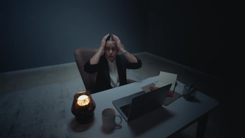 An overwhelmed businesswoman working late at night in a dark office grabs her head in a moment of stress and burnout