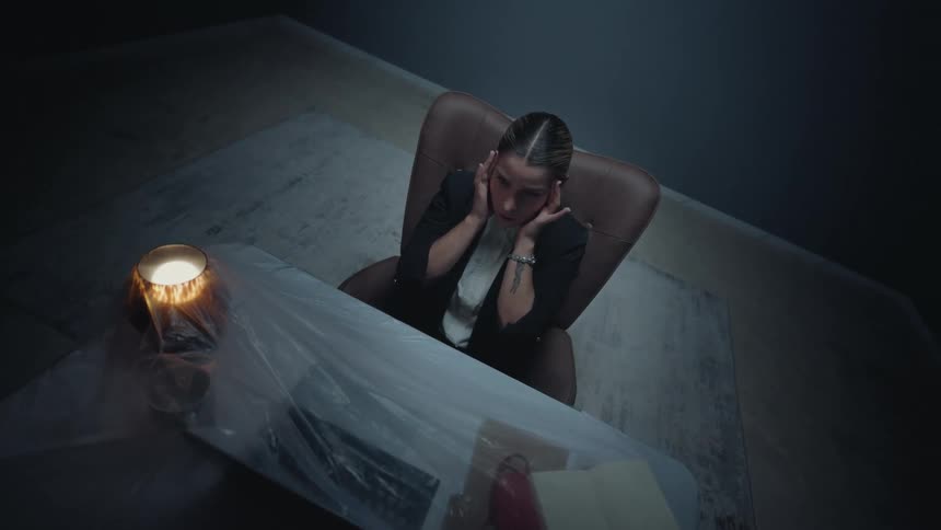 Overhead shot of a stressed businesswoman experiencing burnout and despair in a dark, surreal office with plastic-covered furniture