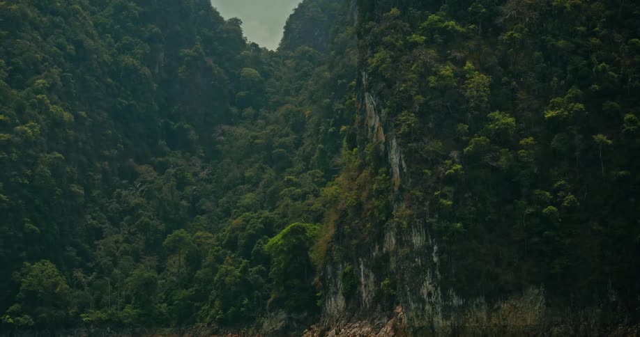 Tilting down from a cloudy sky to reveal the serene green waters at the base of a towering, jungle-clad limestone cliff