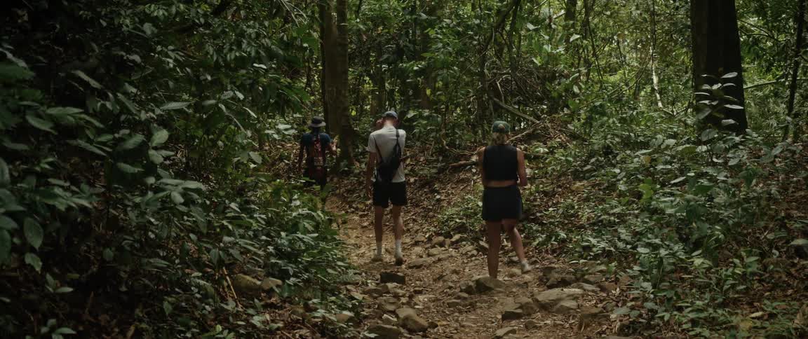 A man and woman follow their guide as they hike up a rocky trail through a dense, green tropical jungle