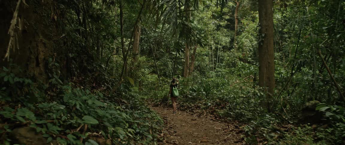 A woman with a backpack hikes along a dirt trail deep inside a lush, green tropical jungle