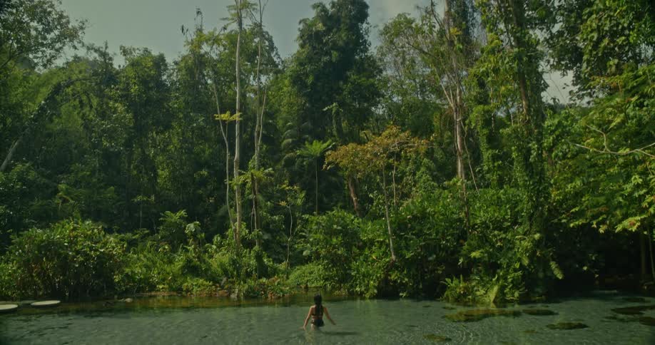 A slow tilt down from the lush green jungle reveals a woman wading into a beautiful, crystal-clear river