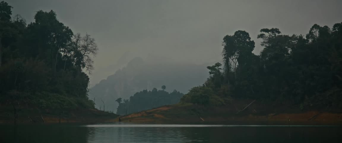 A tranquil view of a misty lake surrounded by a lush rainforest with mountains in the background on an overcast day