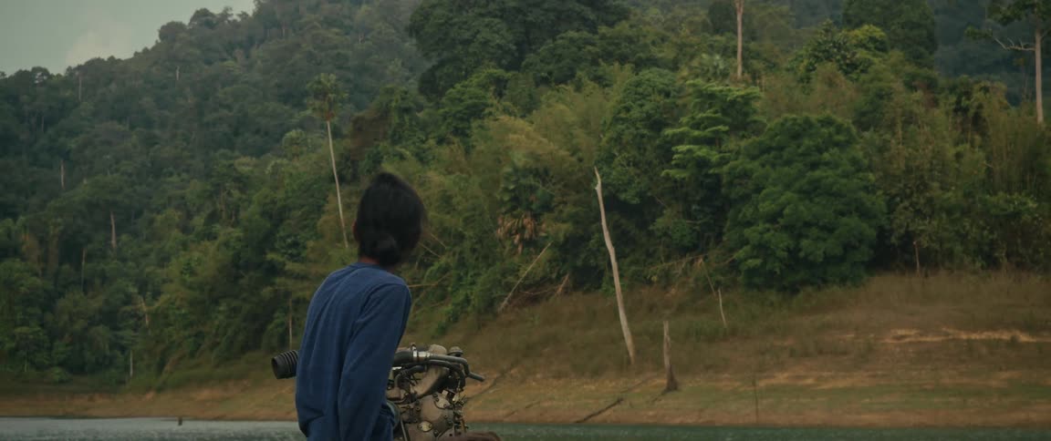 A person sits in a small motorboat, looking towards a lush, dense jungle landscape across a calm lake