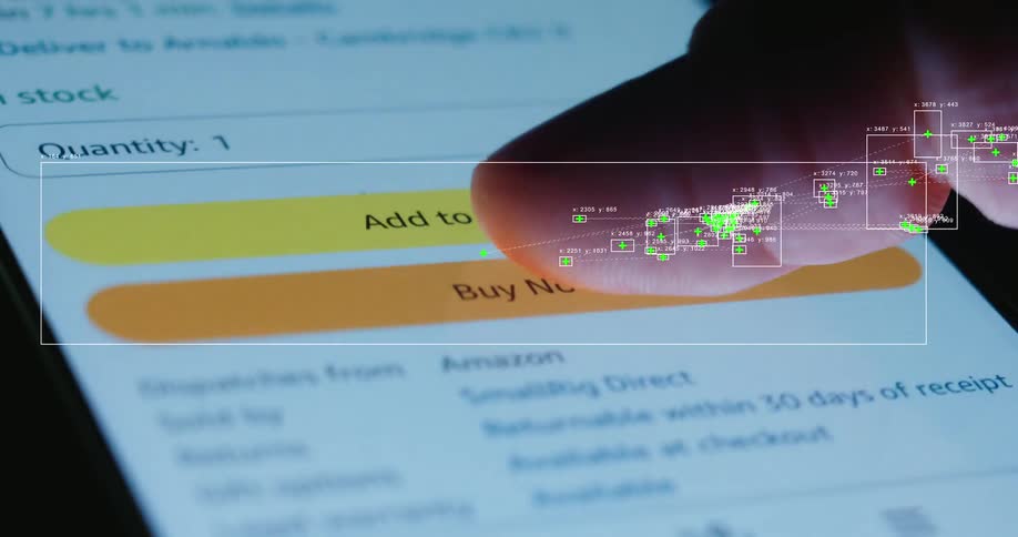 A person adds an item to their basket while online shopping on a smartphone, with a motion tracking graphic overlay