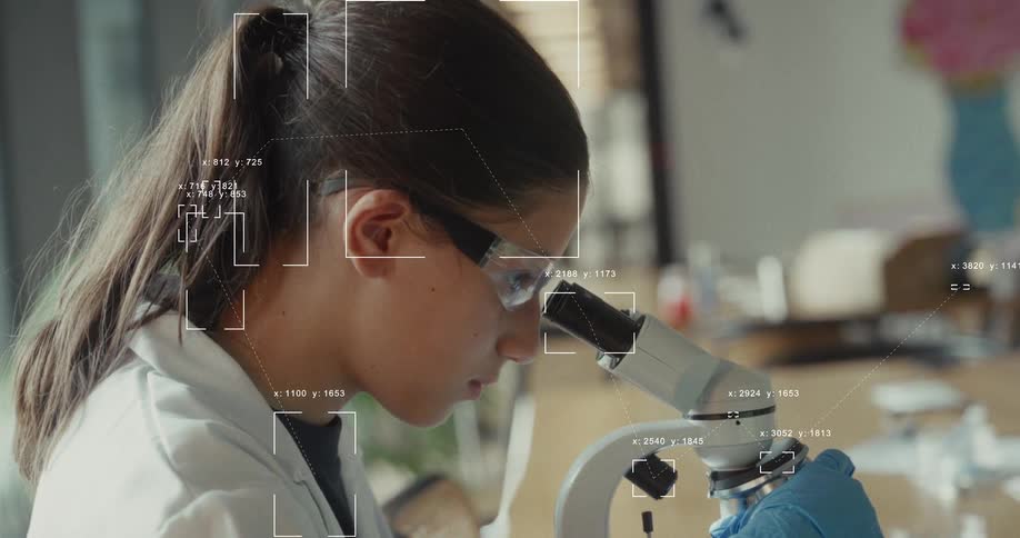 Futuristic artificial intelligence with facial recognition analyzes a young female student using a microscope in a science lab