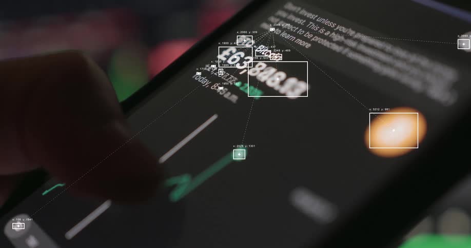 Futuristic animation tracks the rising price of Bitcoin on a financial trading app viewed on a smartphone