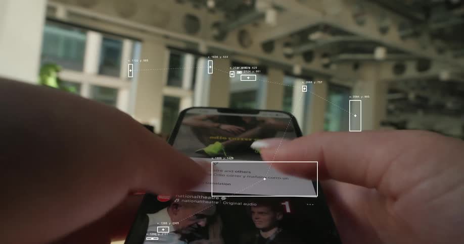 A POV shot of a woman scrolling through a social media app on her smartphone with futuristic data tracking graphics overlaid on the screen