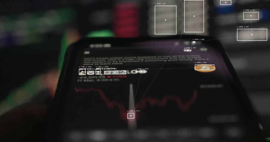 Futuristic data analysis graphics track the volatile price of Bitcoin on a cryptocurrency trading app displayed on a smartphone screen