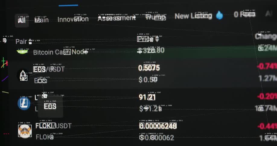 An abstract digital overlay highlights the fluctuating prices of various cryptocurrencies like Bitcoin and Ethereum on a trading exchange platform