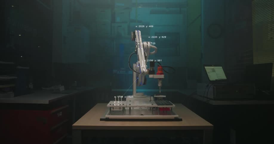 Advanced robotic arm operates in a high-tech workshop with real-time digital data tracking its movements