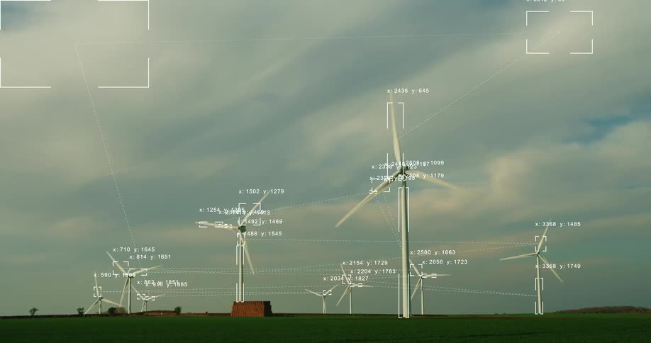 Advanced artificial intelligence analyzes wind turbine performance with real-time data tracking and telemetry overlay