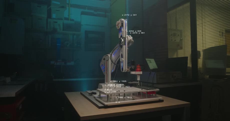 A futuristic robotic arm with augmented reality data overlays operates in a high-tech manufacturing workshop