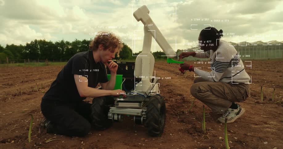 Two diverse engineers test and calibrate an AI-powered agricultural robot in a crop field, visualized with data analysis overlays