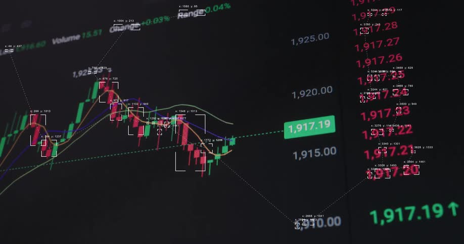 Futuristic digital display shows a dynamic candlestick chart of stock market or cryptocurrency trading with algorithmic analysis