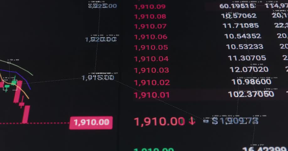 A futuristic animated stock market or cryptocurrency trading chart displays real-time fluctuating values and data analysis