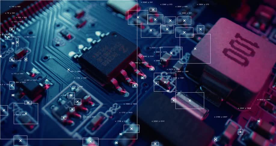 A futuristic artificial intelligence system analyzes a computer motherboard, identifying components with digital data overlays