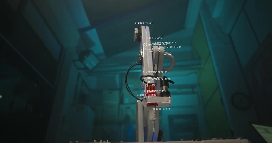 An AI-powered robotic arm operates in a futuristic lab, with digital data overlays tracking its precise movements and coordinates