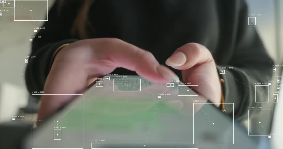 Close-up of a person's hands typing on a smartphone with an abstract overlay of digital data and analytics