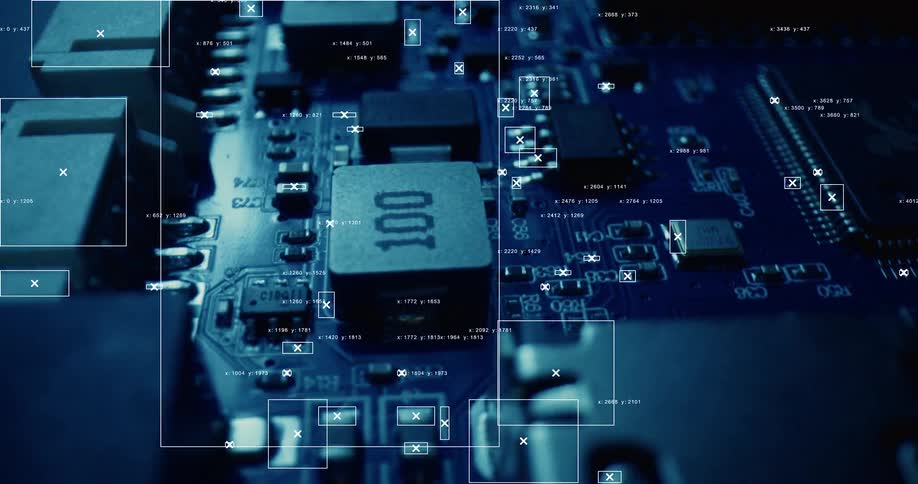 Futuristic artificial intelligence scans and analyzes a computer motherboard with advanced data tracking and identification