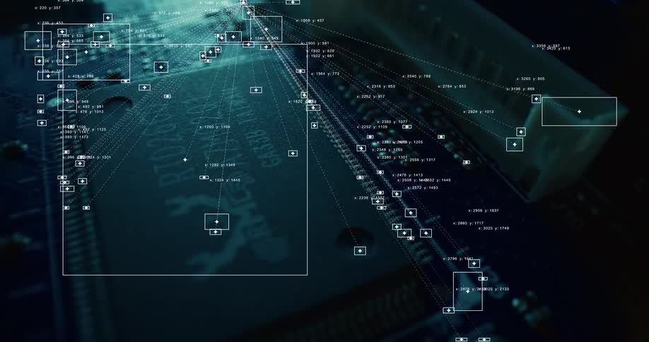 A macro view of a computer's circuit board is scanned and analyzed with futuristic data-driven graphics