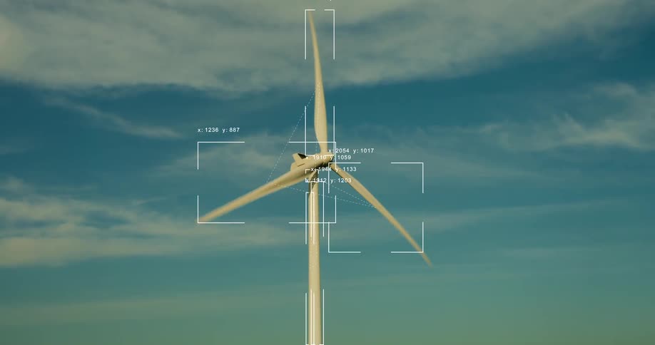 Futuristic artificial intelligence analyzes a wind turbine's performance with a data overlay in a rural field